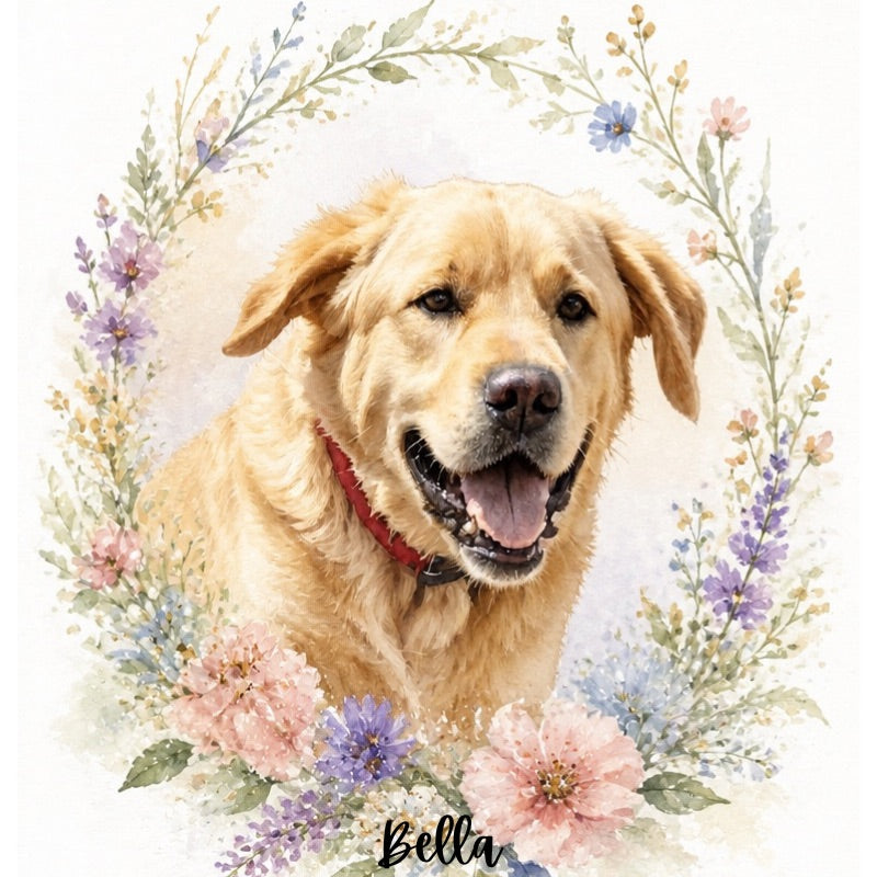 Custom Floral Pet Portrait | Watercolor Flower Wreath Memorial Art