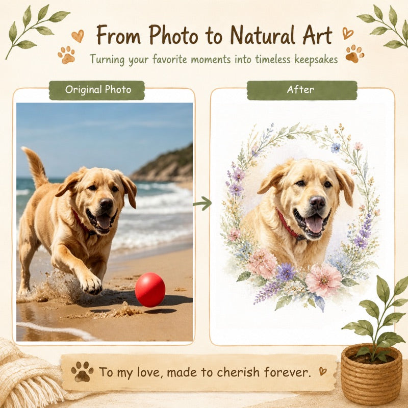 Custom Floral Pet Portrait | Watercolor Flower Wreath Memorial Art
