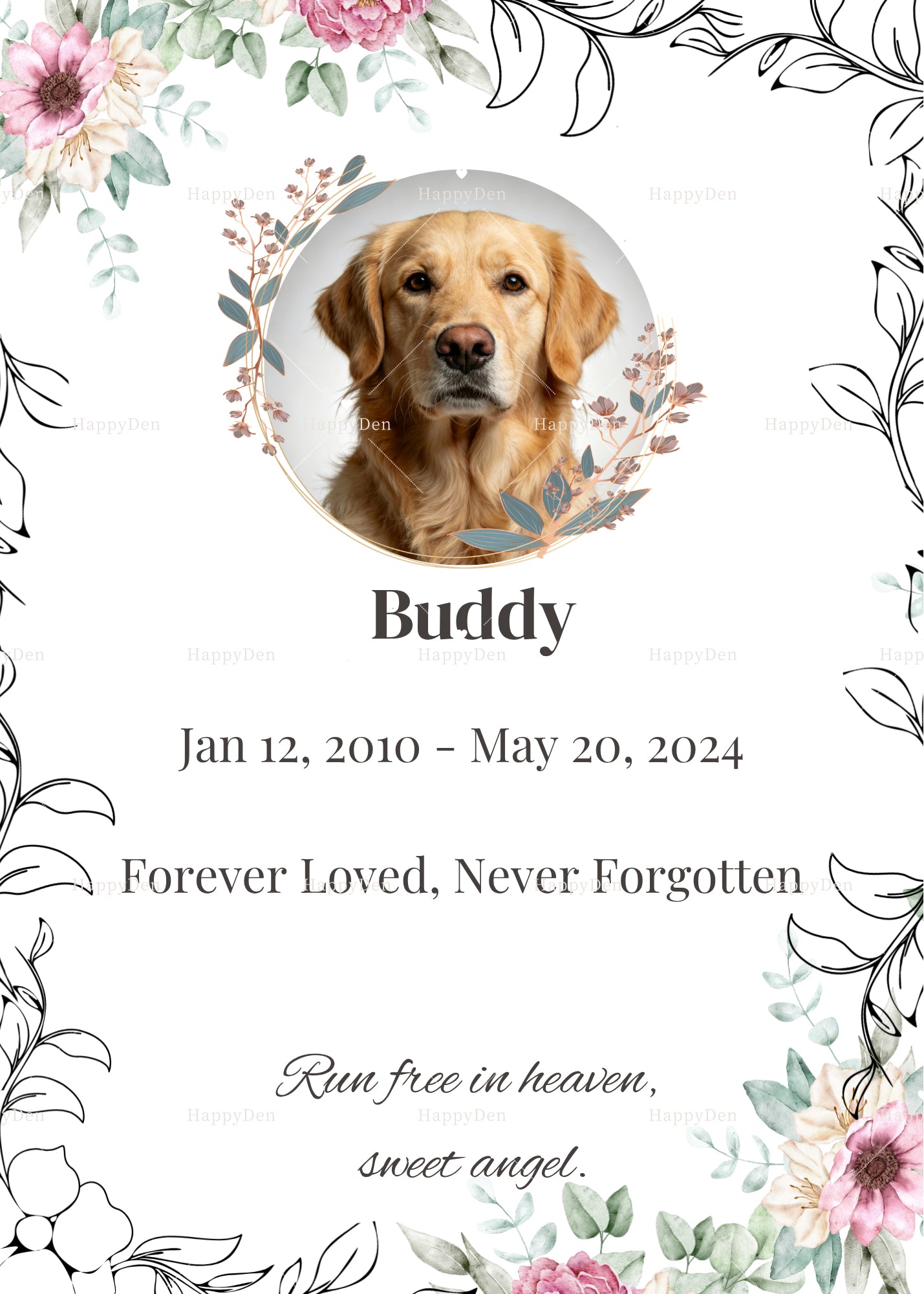 Watercolor Floral Pet Memorial Card Template | Editable Canva Printable | Dog & Cat Sympathy Gift