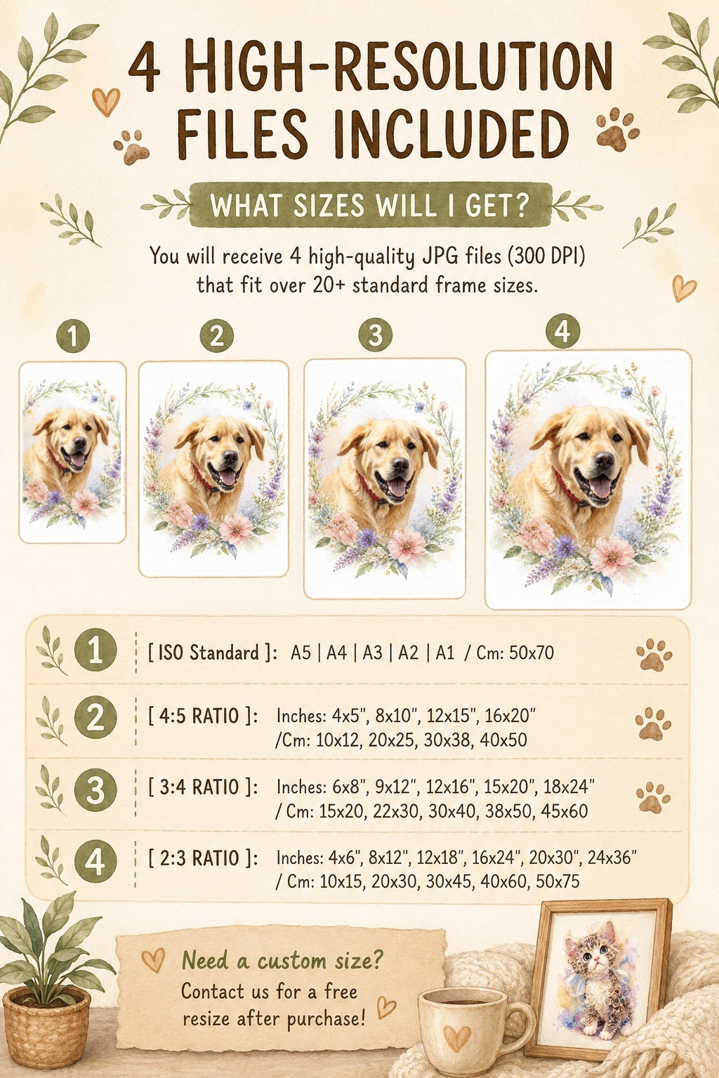 Custom Floral Pet Portrait | Watercolor Flower Wreath Memorial Art