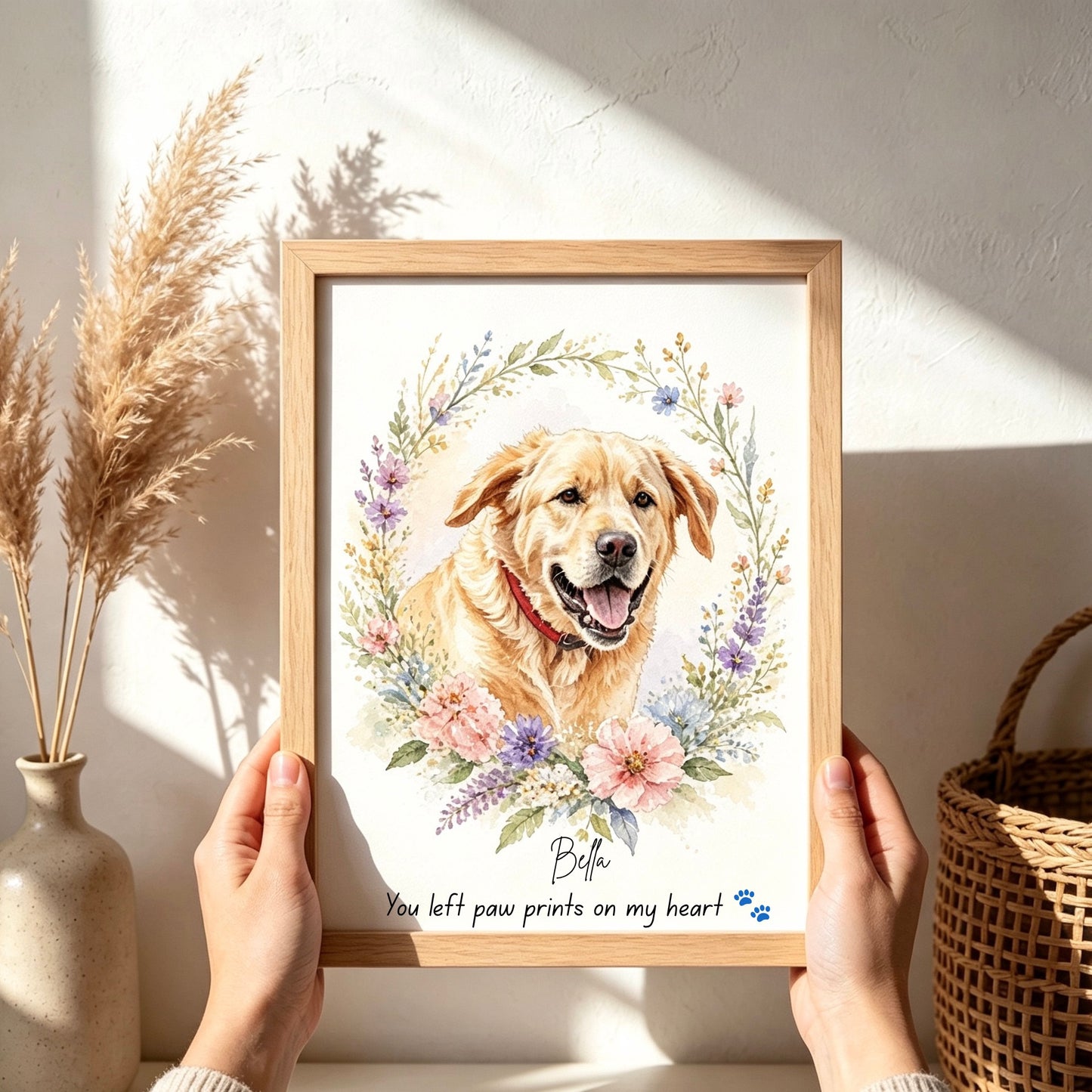 Custom Floral Pet Portrait | Watercolor Flower Wreath Memorial Art