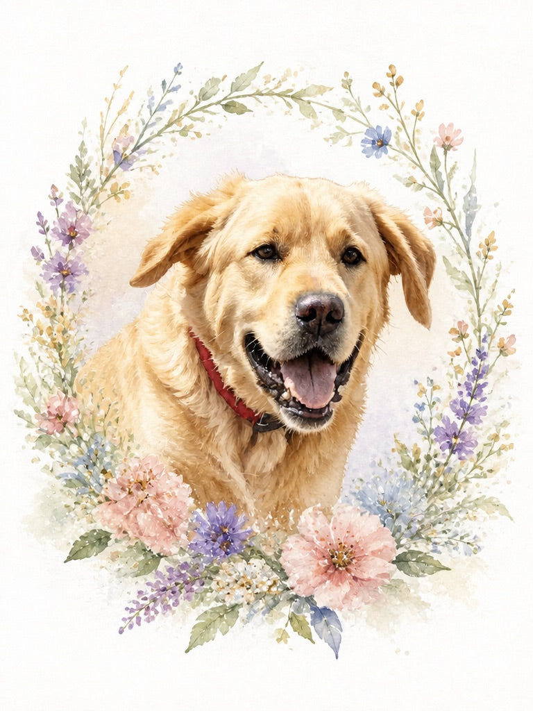 Custom Floral Pet Portrait | Watercolor Flower Wreath Memorial Art